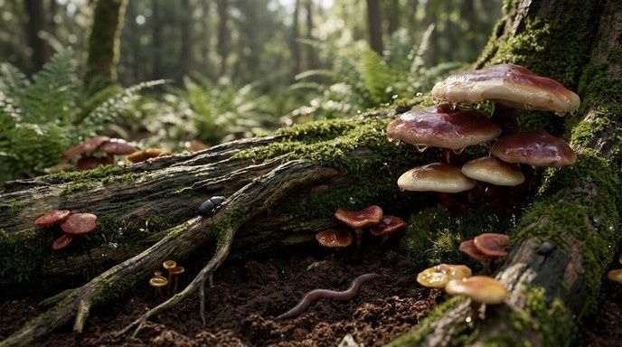 Pilze und Totholz in einem moosigen Wald als Zeichen natürlicher Prozesse